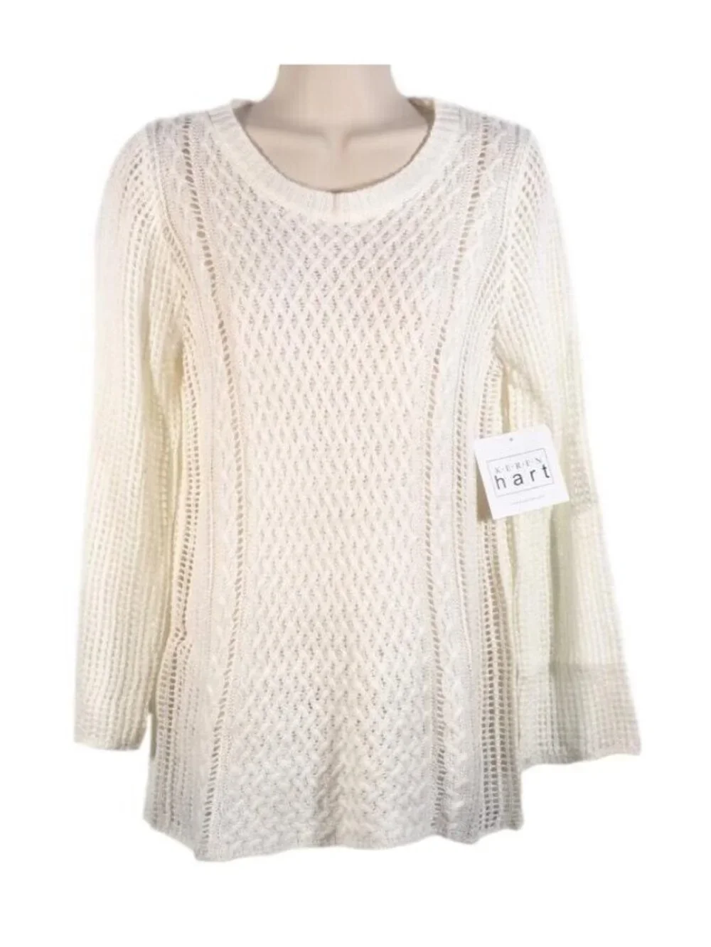 Keren Hart Womens Sweater SIze M Crocheted Ivory Crew Neck Bell Long Sleeve